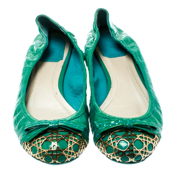 Pre Owned Dior Green Cannage Leather Icon Metal Cap Toe Bow Scrunch Ballet Flats Size 38.5