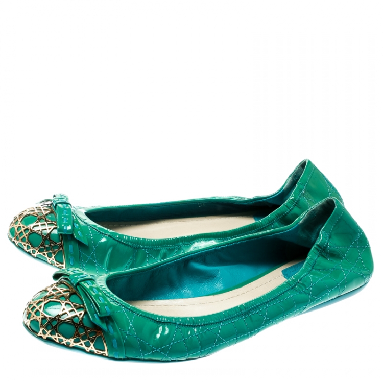 Pre Owned Dior Green Cannage Leather Icon Metal Cap Toe Bow Scrunch Ballet Flats Size 38.5