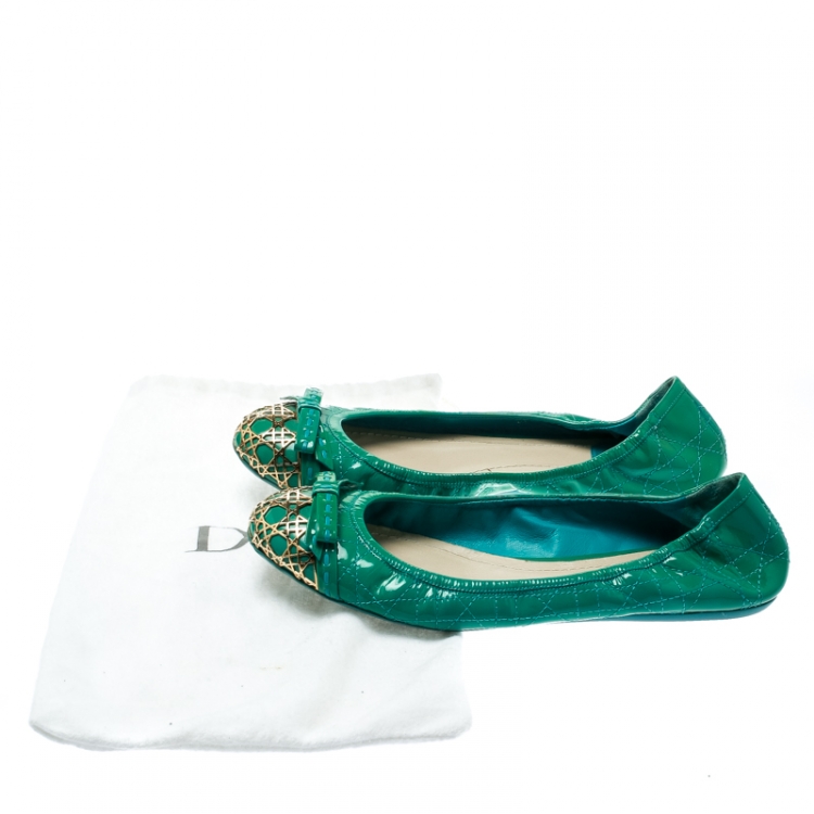 Pre Owned Dior Green Cannage Leather Icon Metal Cap Toe Bow Scrunch Ballet Flats Size 38.5