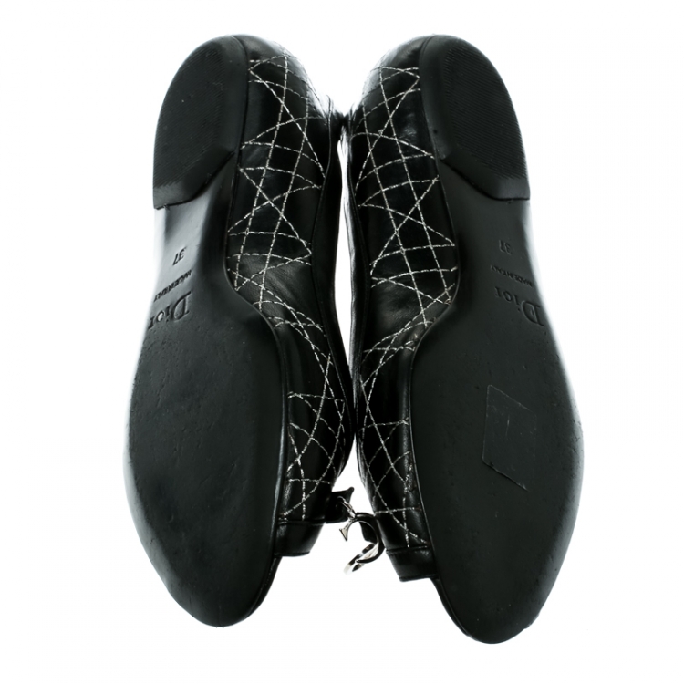 Pre Owned Dior Black Cannage Leather Bow Peep Toe Flats 37