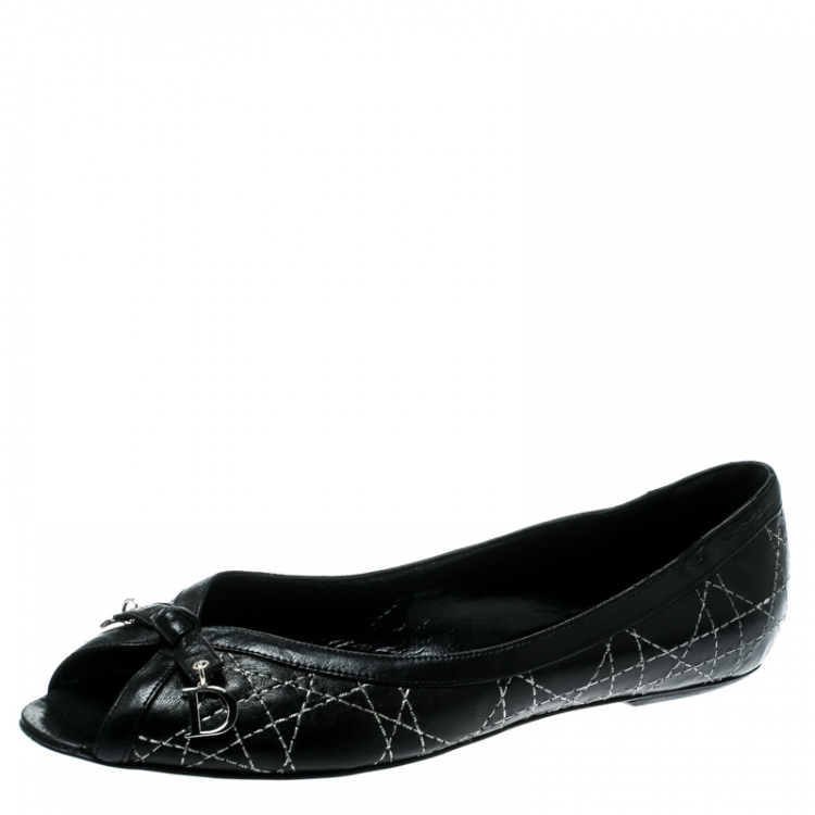 Pre Owned Dior Black Cannage Leather Bow Peep Toe Flats 37