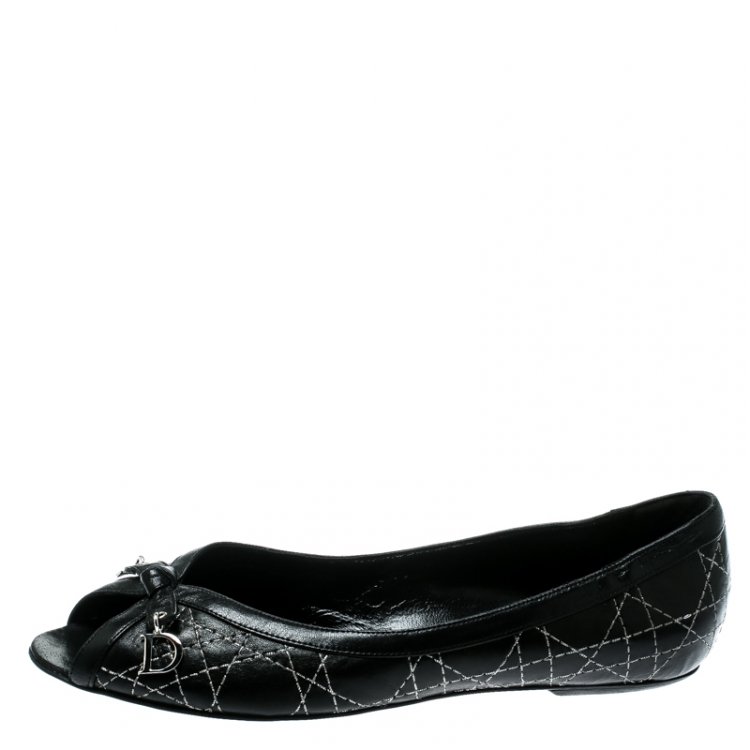 Pre Owned Dior Black Cannage Leather Bow Peep Toe Flats 37