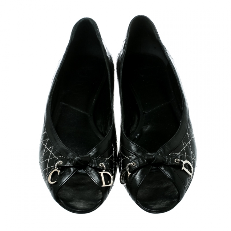Pre Owned Dior Black Cannage Leather Bow Peep Toe Flats 37