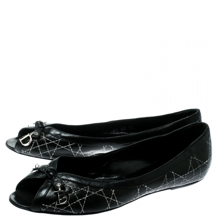 Pre Owned Dior Black Cannage Leather Bow Peep Toe Flats 37
