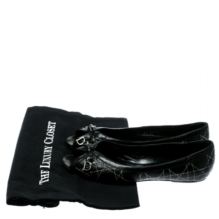 Pre Owned Dior Black Cannage Leather Bow Peep Toe Flats 37
