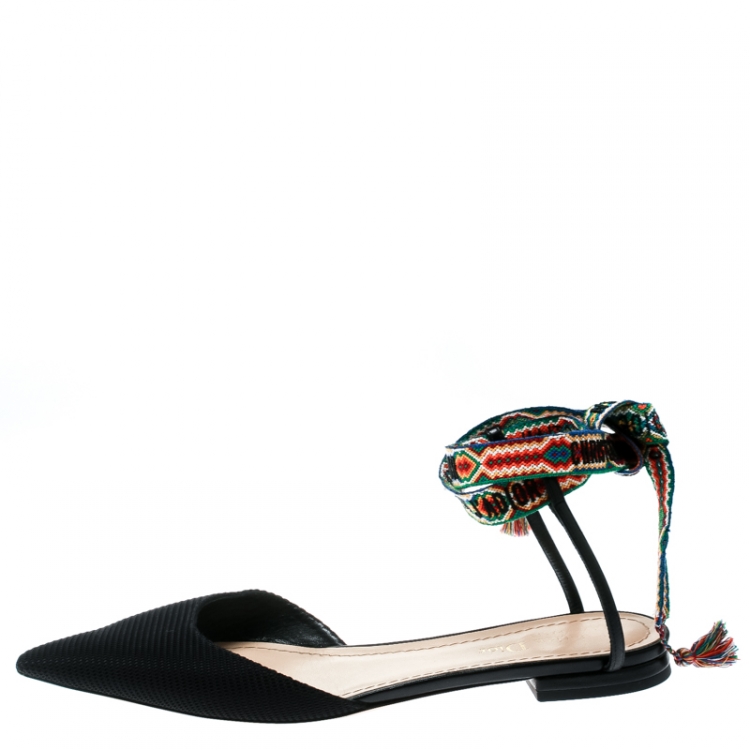 Pre Owned Dior Black Canvas J'adior Pointed Toe Ankle Wrap Flats Size 39