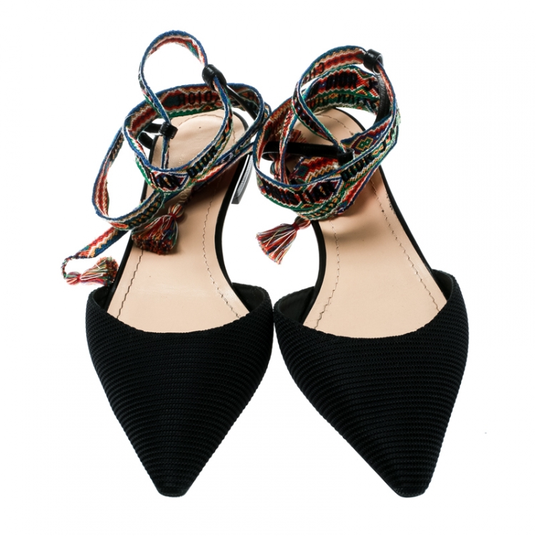 Pre Owned Dior Black Canvas J'adior Pointed Toe Ankle Wrap Flats Size 39