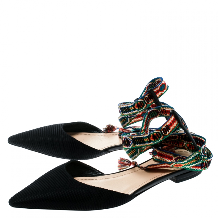 Pre Owned Dior Black Canvas J'adior Pointed Toe Ankle Wrap Flats Size 39