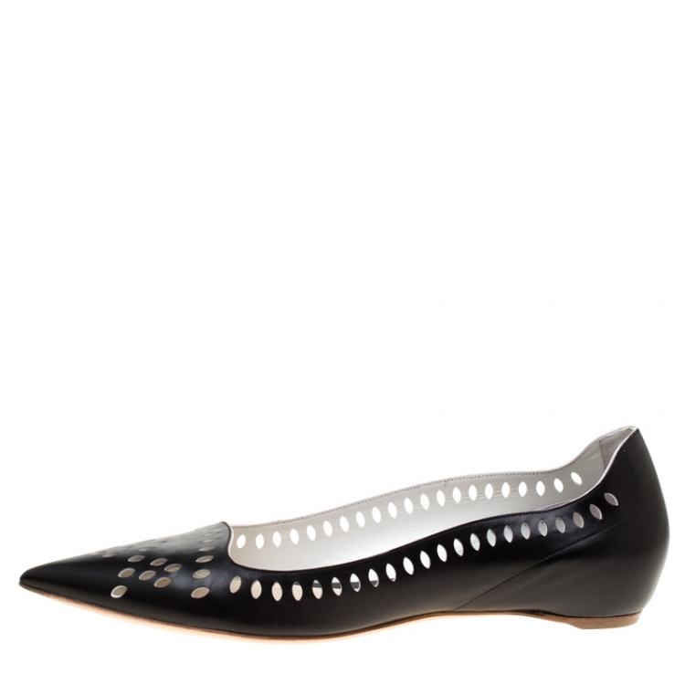 Pre Owned Dior Black Leather Laser Cut Pointed Toe Ballerina Flats Size 41