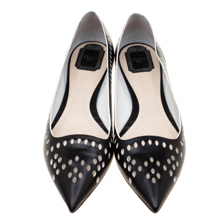 Pre Owned Dior Black Leather Laser Cut Pointed Toe Ballerina Flats Size 41