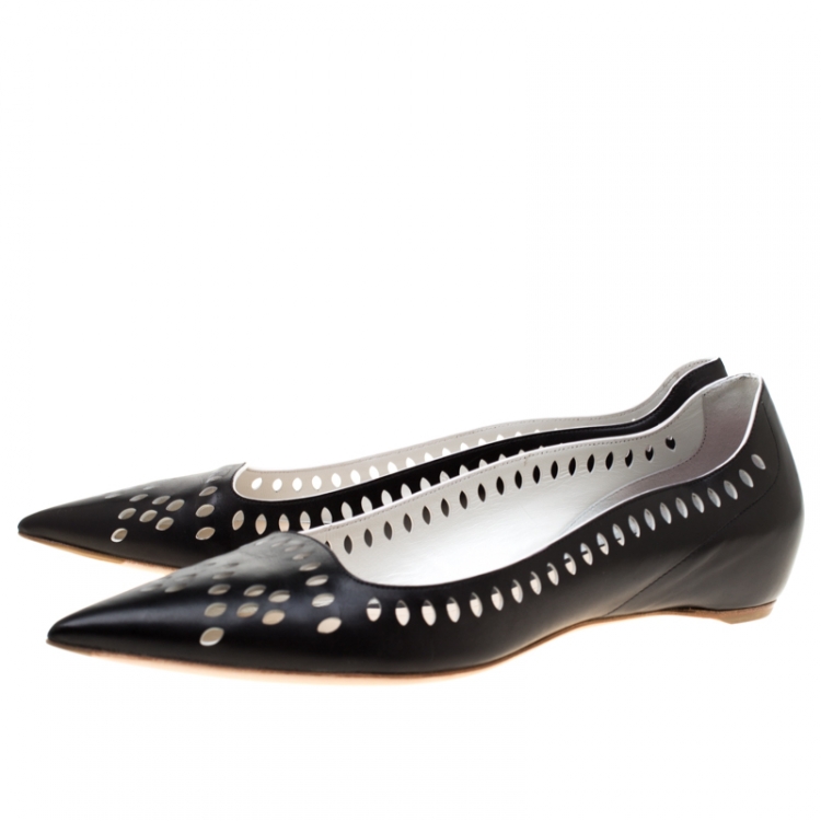 Pre Owned Dior Black Leather Laser Cut Pointed Toe Ballerina Flats Size 41