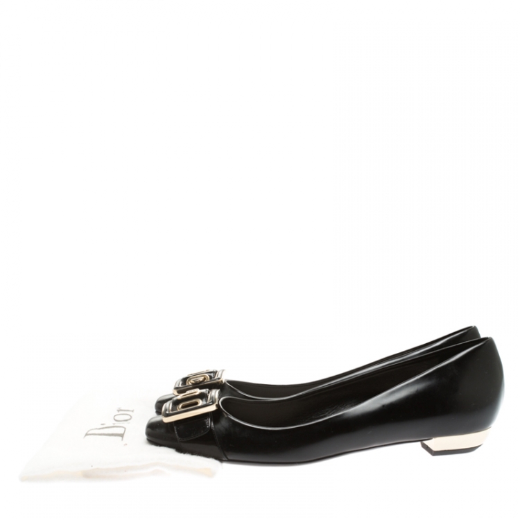 Pre Owned Dior Black Leather And Patent Leather Buckle Detail Ballet Flat Size 39.5