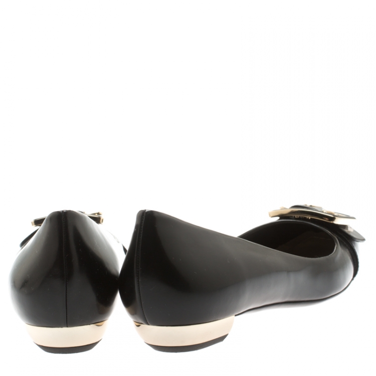 Pre Owned Dior Black Leather And Patent Leather Buckle Detail Ballet Flat Size 39.5