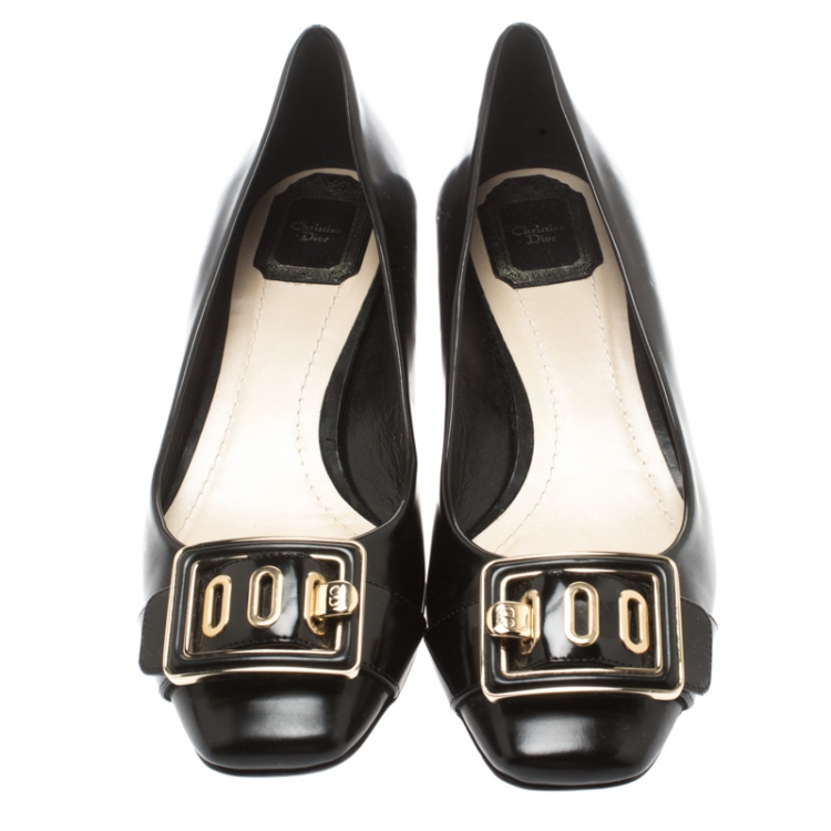 Pre Owned Dior Black Leather And Patent Leather Buckle Detail Ballet Flat Size 39.5