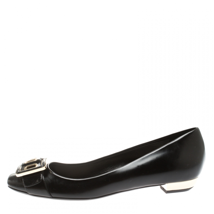 Pre Owned Dior Black Leather And Patent Leather Buckle Detail Ballet Flat Size 39.5