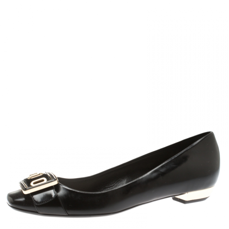 Pre Owned Dior Black Leather And Patent Leather Buckle Detail Ballet Flat Size 39.5