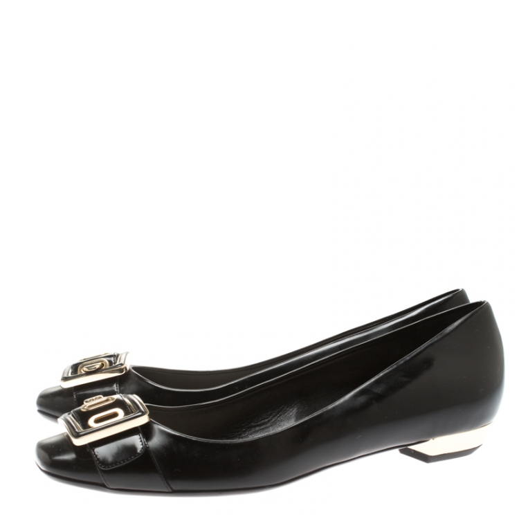 Pre Owned Dior Black Leather And Patent Leather Buckle Detail Ballet Flat Size 39.5