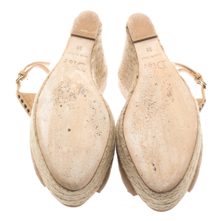 Pre Owned Dior Beige Cannage Leather Espadrille Wedge Peep Toe Slingback Platform Sandals Size 38