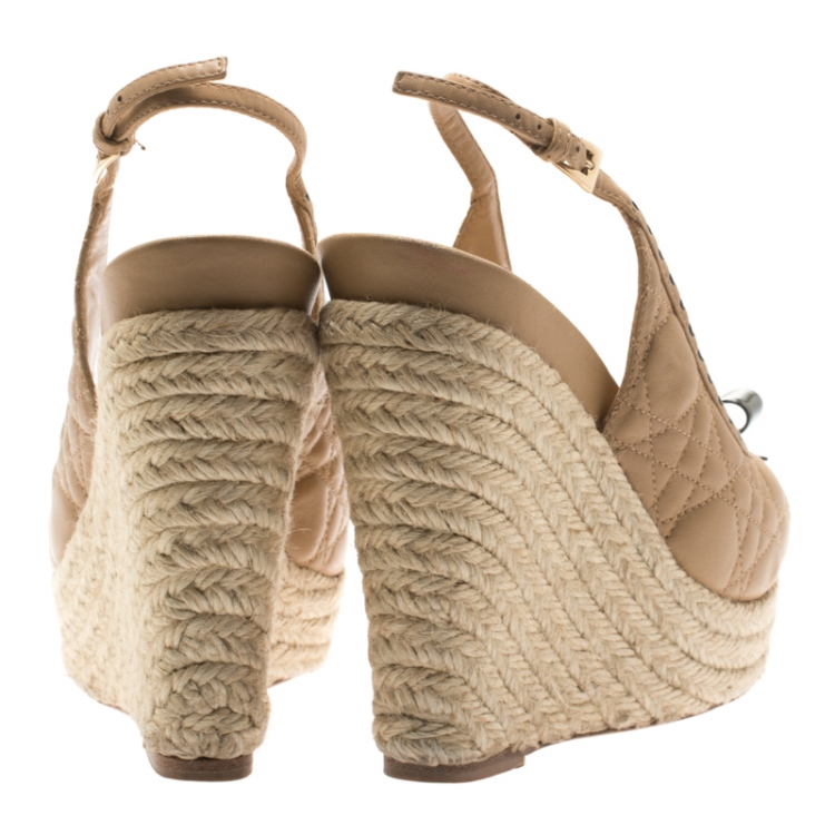 Pre Owned Dior Beige Cannage Leather Espadrille Wedge Peep Toe Slingback Platform Sandals Size 38