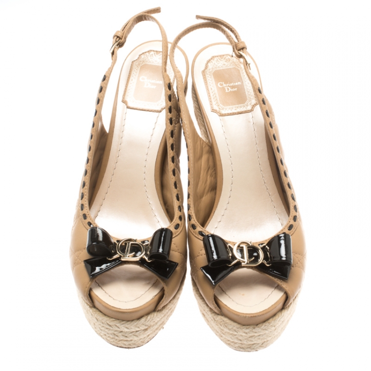 Pre Owned Dior Beige Cannage Leather Espadrille Wedge Peep Toe Slingback Platform Sandals Size 38