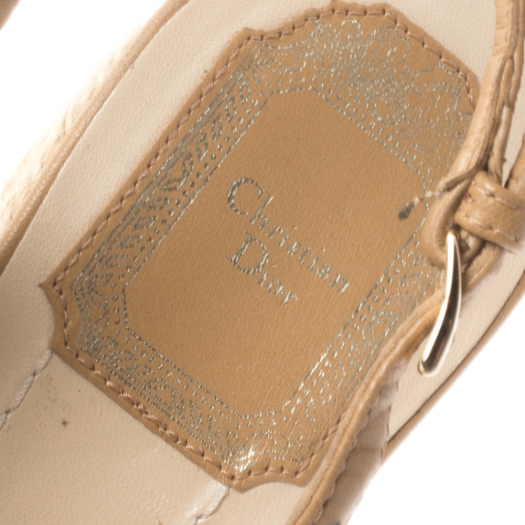 Pre Owned Dior Beige Cannage Leather Espadrille Wedge Peep Toe Slingback Platform Sandals Size 38