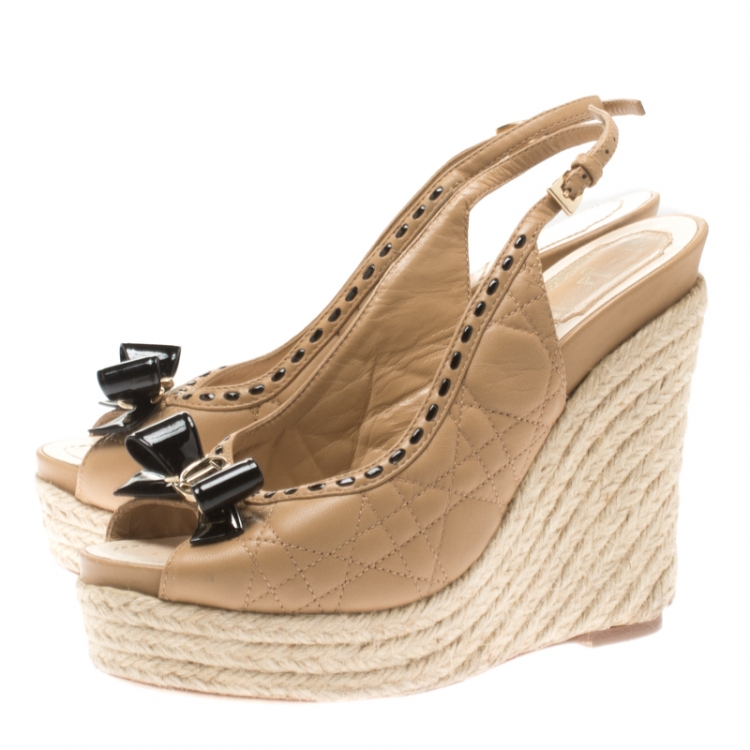 Pre Owned Dior Beige Cannage Leather Espadrille Wedge Peep Toe Slingback Platform Sandals Size 38