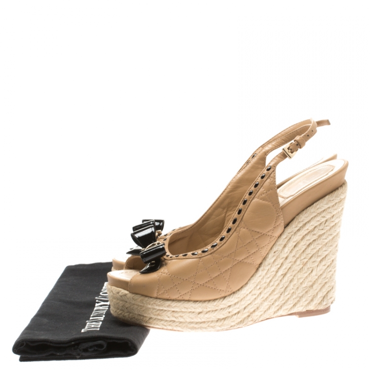 Pre Owned Dior Beige Cannage Leather Espadrille Wedge Peep Toe Slingback Platform Sandals Size 38