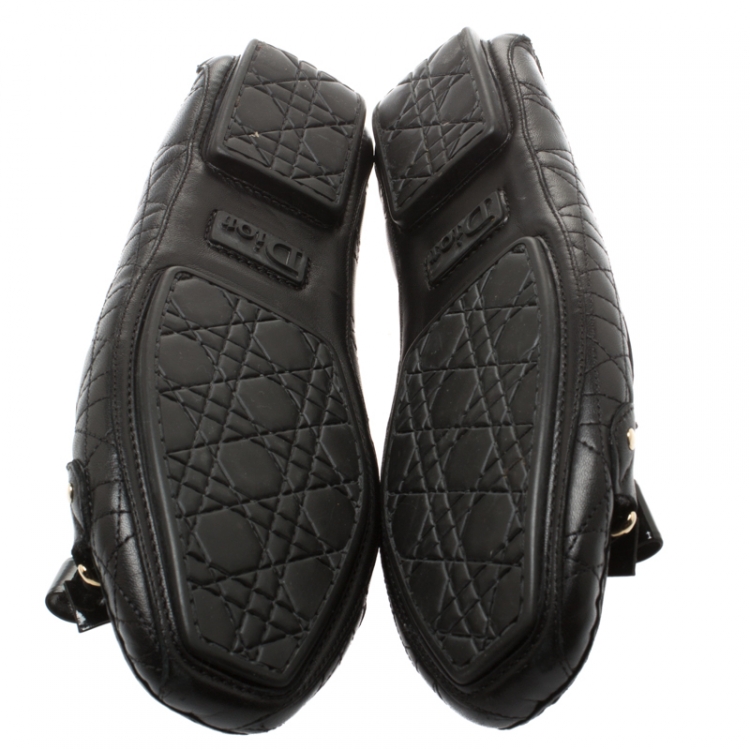 Pre Owned Dior Black Cannage Leather CD Bow Detail Slip On Loafers Size 39.5
