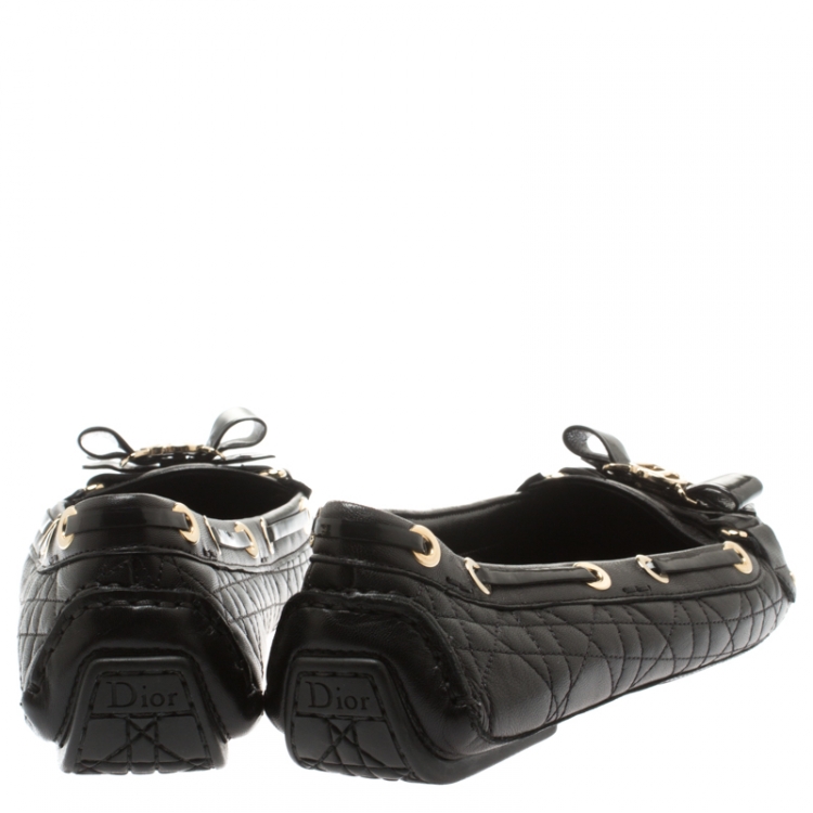 Pre Owned Dior Black Cannage Leather CD Bow Detail Slip On Loafers Size 39.5