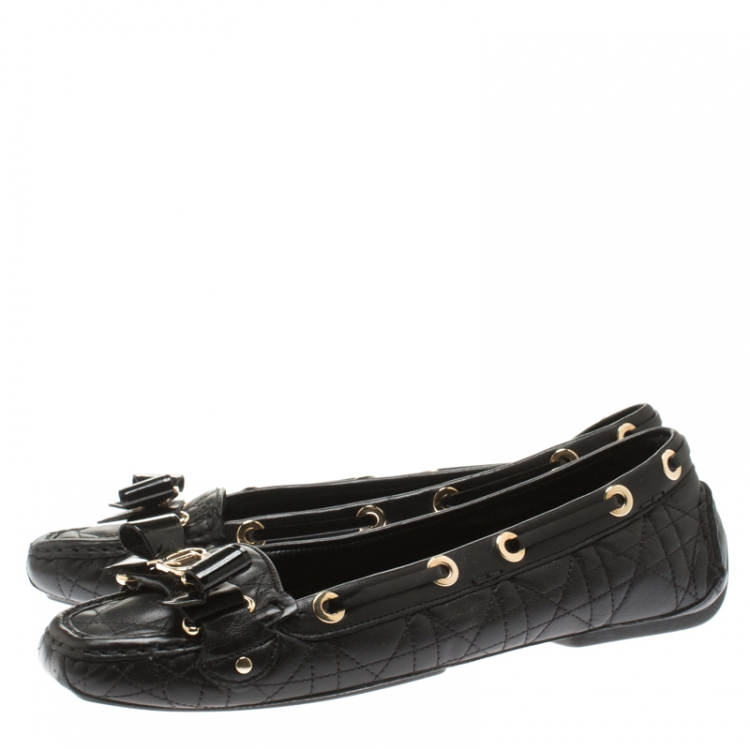 Pre Owned Dior Black Cannage Leather CD Bow Detail Slip On Loafers Size 39.5