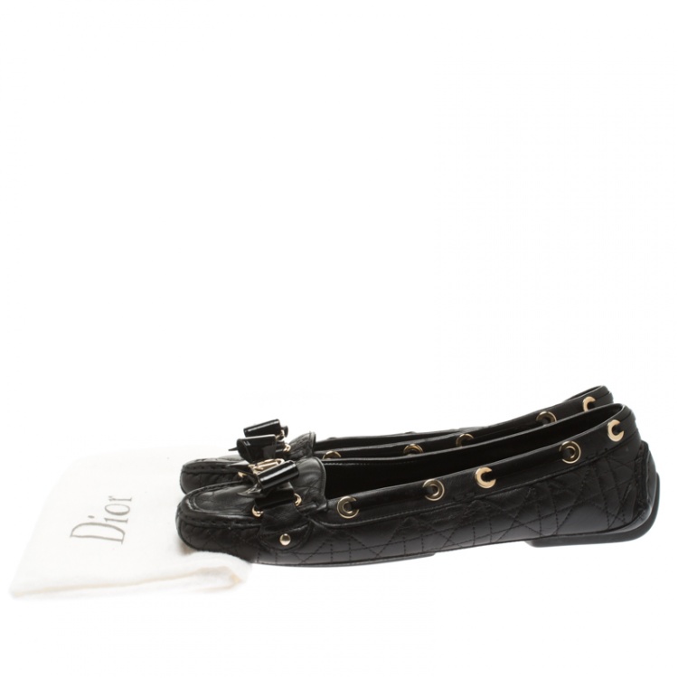 Pre Owned Dior Black Cannage Leather CD Bow Detail Slip On Loafers Size 39.5