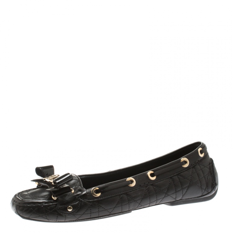 Pre Owned Dior Black Cannage Leather CD Bow Detail Slip On Loafers Size 39.5