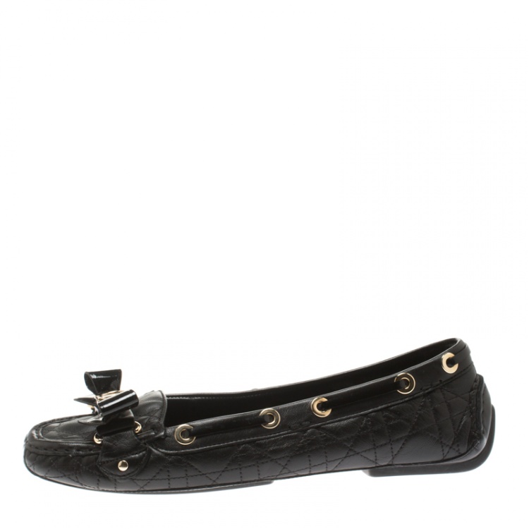 Pre Owned Dior Black Cannage Leather CD Bow Detail Slip On Loafers Size 39.5