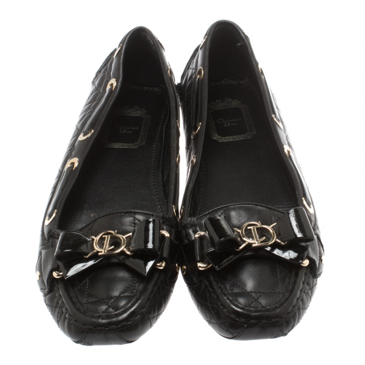Pre Owned Dior Black Cannage Leather CD Bow Detail Slip On Loafers Size 39.5