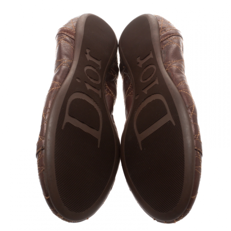 Pre Owned Dior Brown Cannage Leather Bow Detail Ballet Flats Size 39