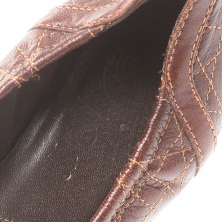 Pre Owned Dior Brown Cannage Leather Bow Detail Ballet Flats Size 39