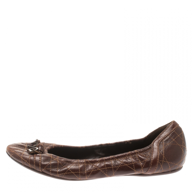 Pre Owned Dior Brown Cannage Leather Bow Detail Ballet Flats Size 39