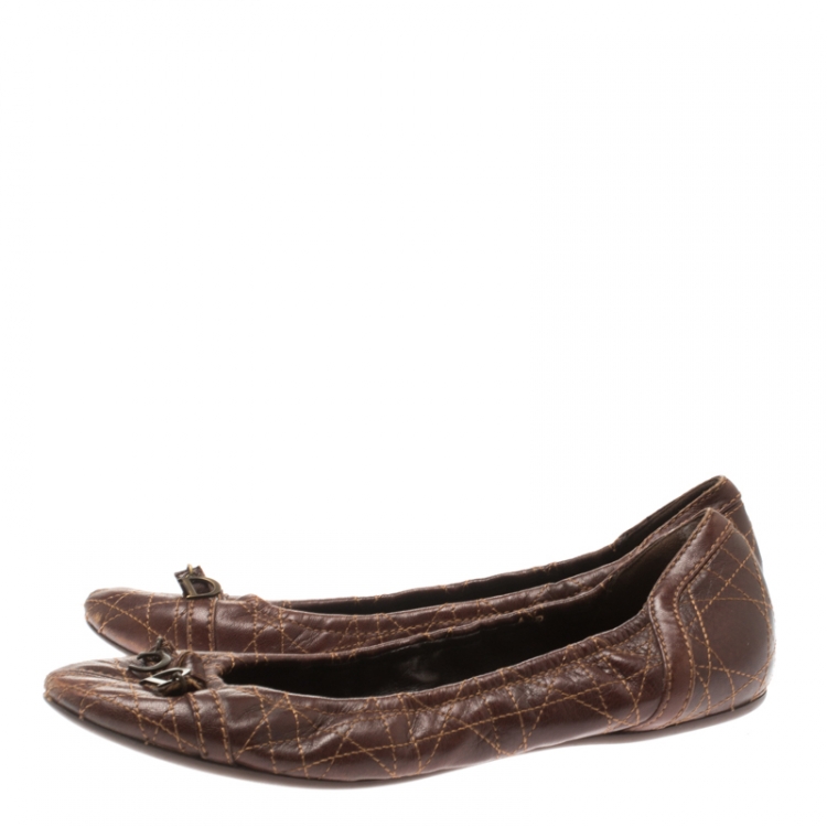 Pre Owned Dior Brown Cannage Leather Bow Detail Ballet Flats Size 39