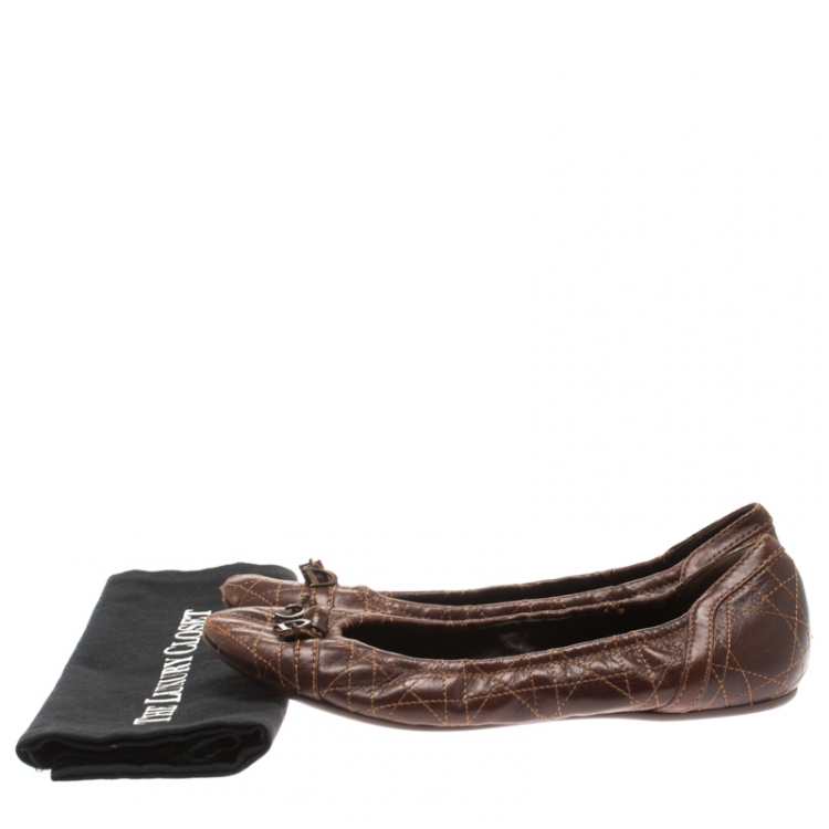 Pre Owned Dior Brown Cannage Leather Bow Detail Ballet Flats Size 39
