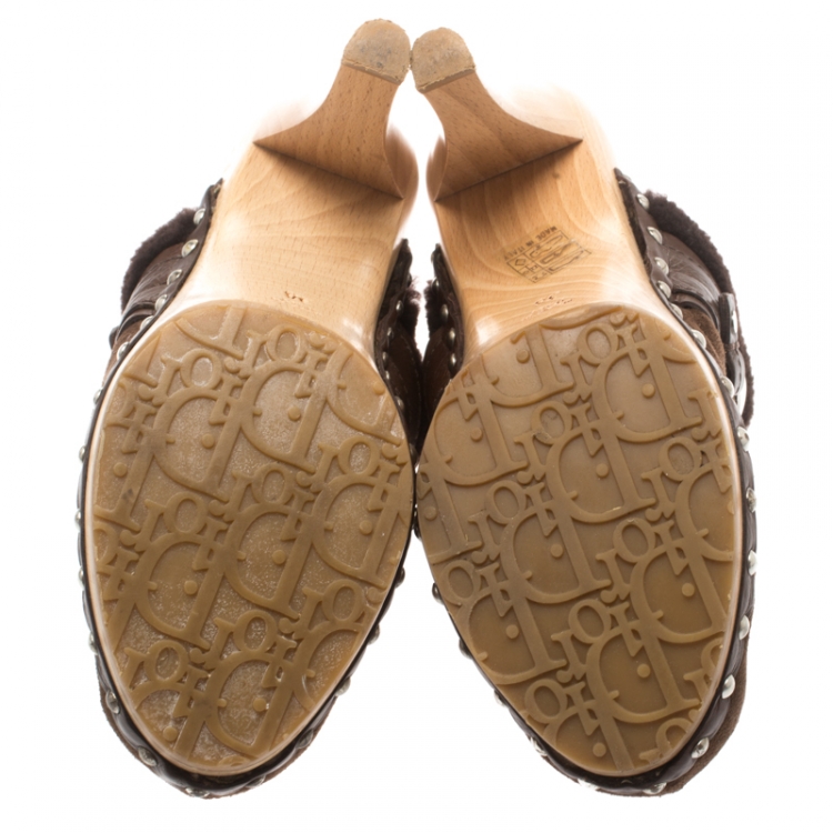Pre Owned Dior Brown Suede And Wool Trim Clogs Size 38