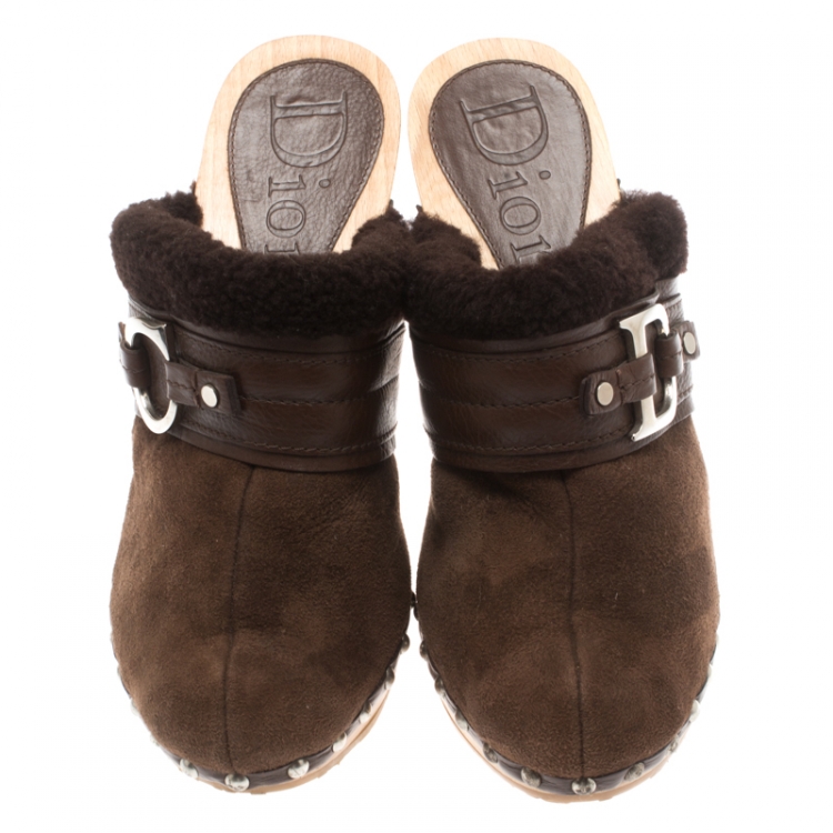 Pre Owned Dior Brown Suede And Wool Trim Clogs Size 38