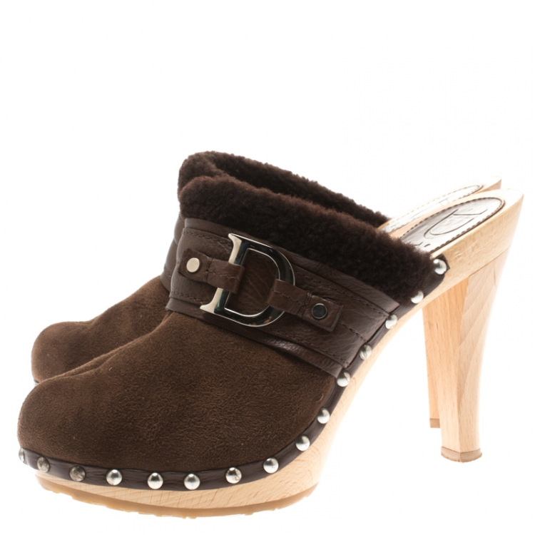 Pre Owned Dior Brown Suede And Wool Trim Clogs Size 38