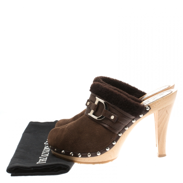 Pre Owned Dior Brown Suede And Wool Trim Clogs Size 38