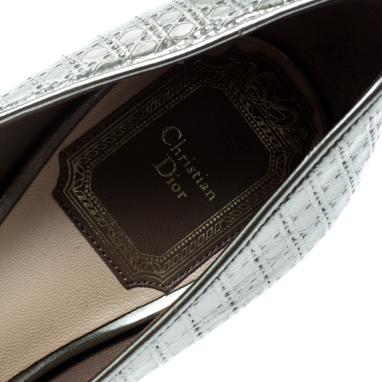 Pre Owned  Dior Metallic Silver Cannage Leather Cherie Pointed Toe Pumps Size 34.5