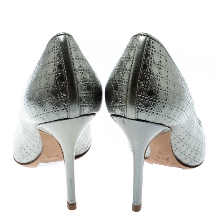 Pre Owned  Dior Metallic Silver Cannage Leather Cherie Pointed Toe Pumps Size 34.5