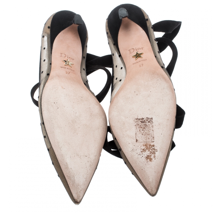 Pre Owned Dior Black Mesh And Suede Lovely D Polka Dot Ankle Wrap Pointed Toe Pumps Size 37