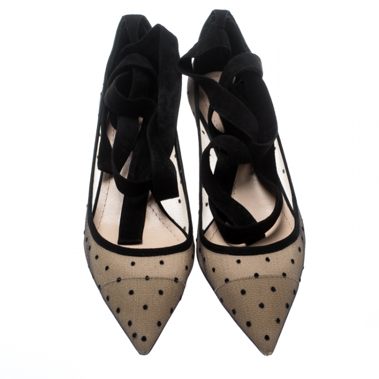 Pre Owned Dior Black Mesh And Suede Lovely D Polka Dot Ankle Wrap Pointed Toe Pumps Size 37
