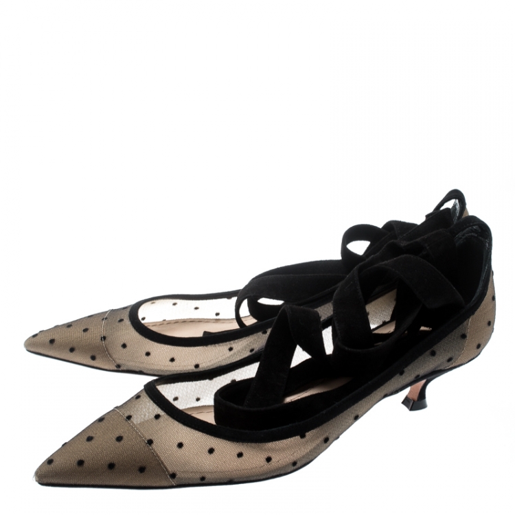 Pre Owned Dior Black Mesh And Suede Lovely D Polka Dot Ankle Wrap Pointed Toe Pumps Size 37