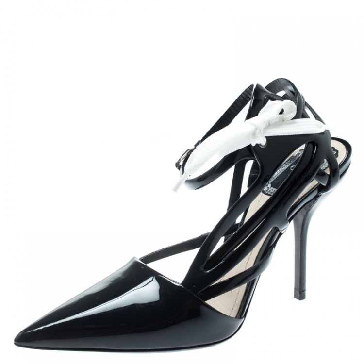 Pre Owned Dior Dark Blue Patent Leather Cut Out Ankle Strap Pointed Toe Sandals Size 36.5