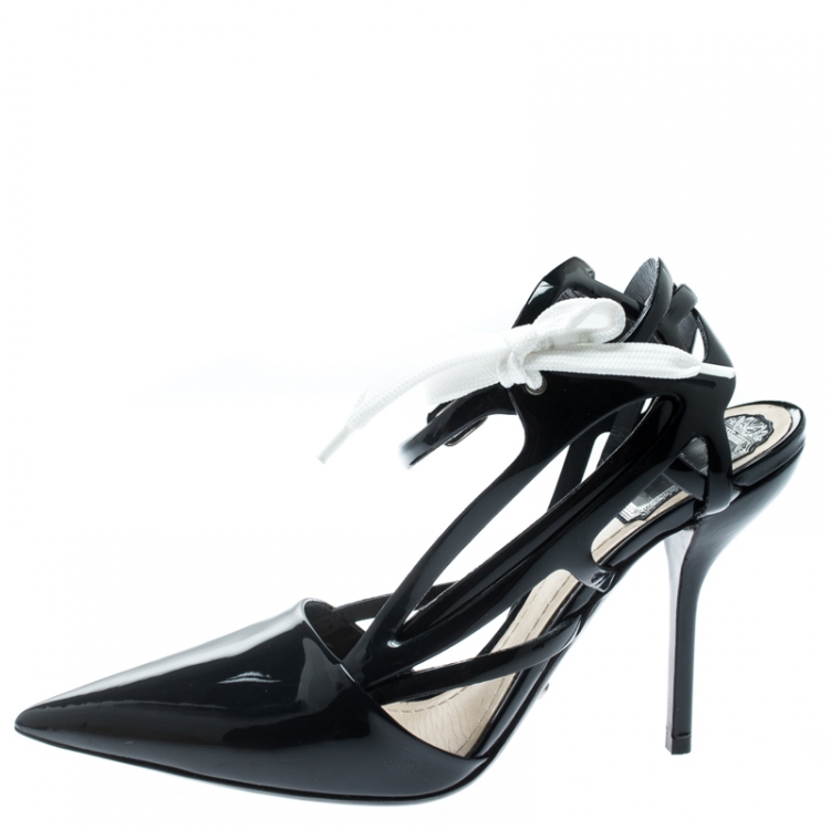 Pre Owned Dior Dark Blue Patent Leather Cut Out Ankle Strap Pointed Toe Sandals Size 36.5